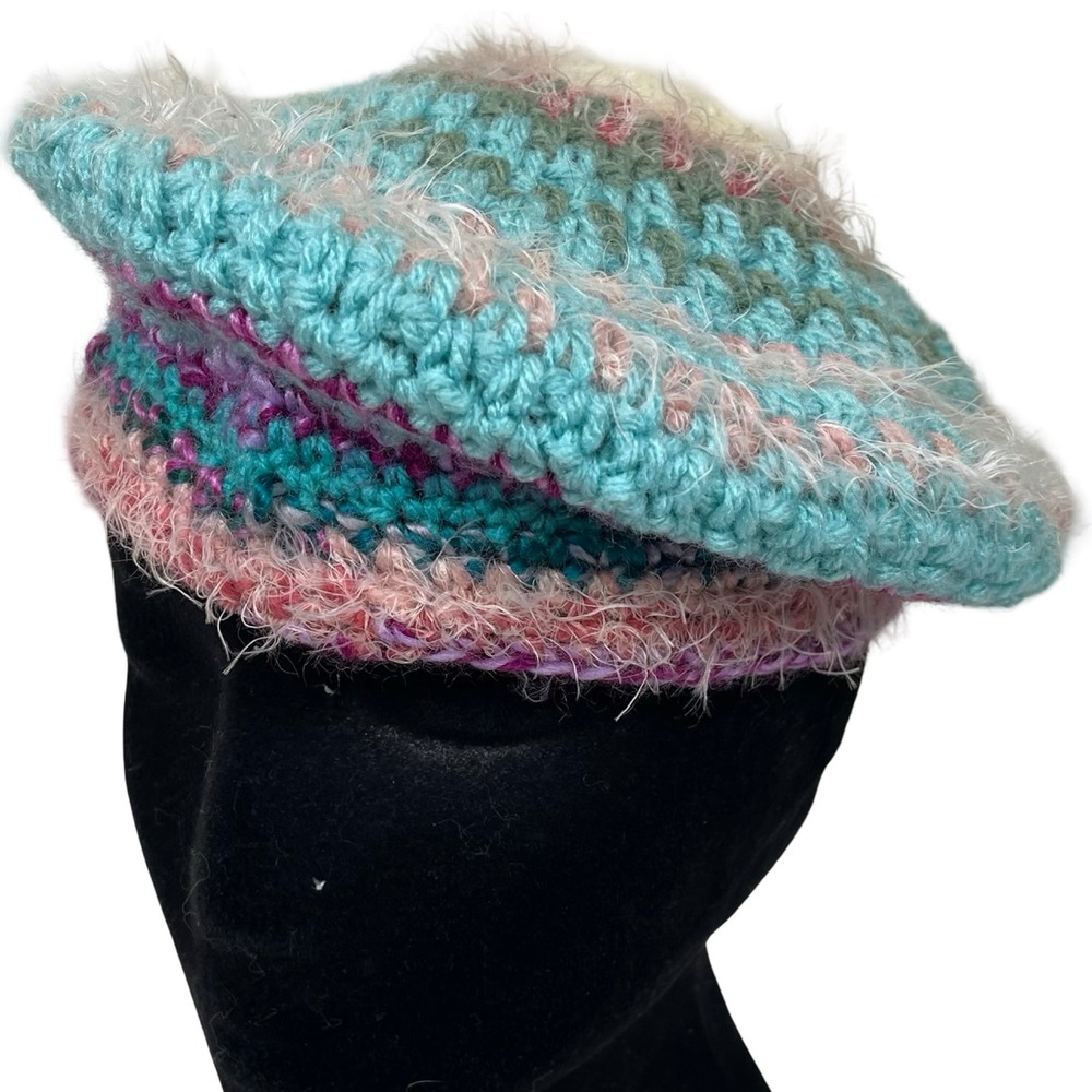2BKINDER Crochet Beret Beanie Hat Women Colorful Yarn Fuzzy Y2K Boho Chic